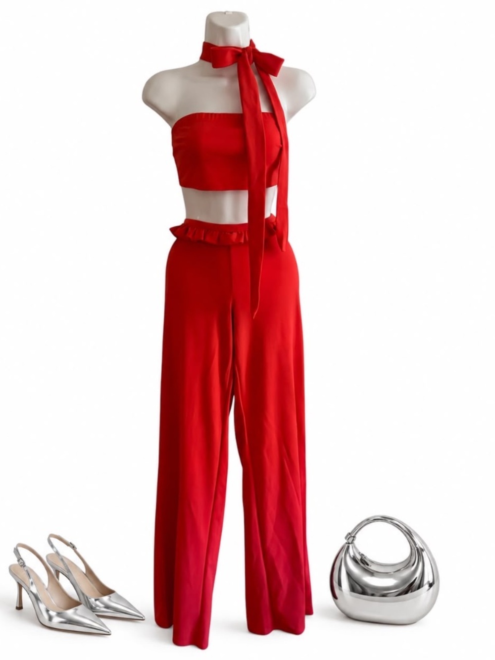 Good Time USA Red Satin Two Piece Wide Leg Set Size Small